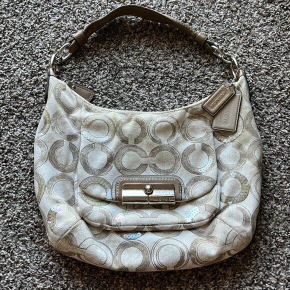 Vintage Coach Kristin Signature Canvas Khaki Cream Optic Art Sequin Hobo Bag - Picture 2 of 8